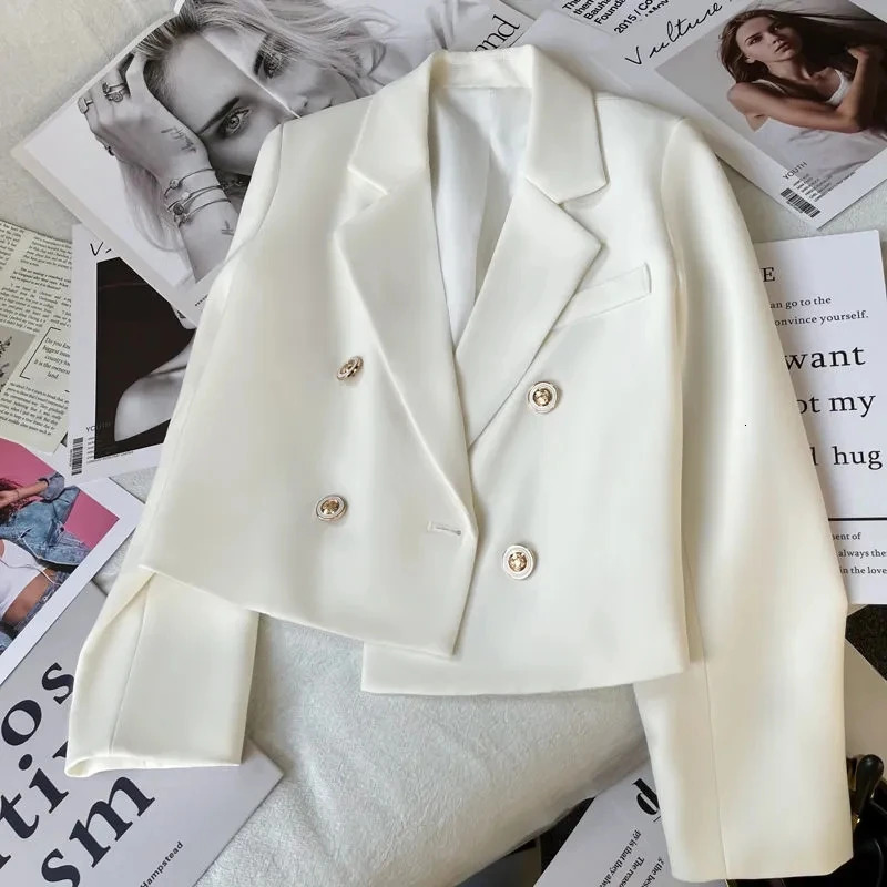 Lucyever Blazers Women Temperament Double Breasted Cropped Suit Jacket Woman Solid Color Long Sleeve Office Ladies Blazer 240318