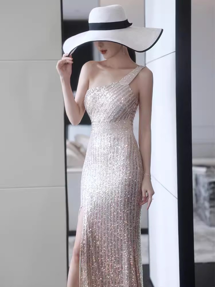 Glittering Champagne Sequined Evening Dresses Sexy One Shoulder Formal Prom Gowns Side Slit Mermaid Women Special Occasion Dress