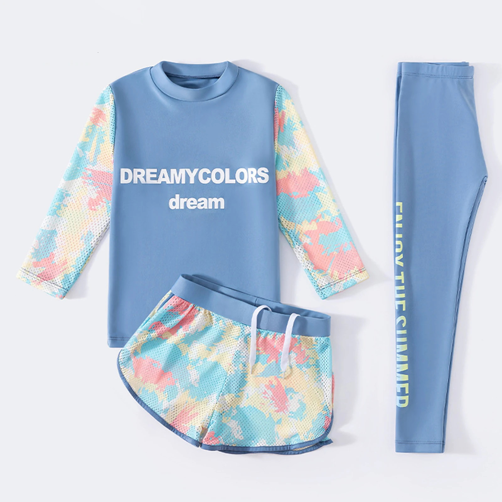 Kids Girls 3Pcs Colorful Print Swimsuit Sun Protection Rash Guard Long Sleeve Swim Top Shorts And Pants Swimwear Bathing Suit 240326