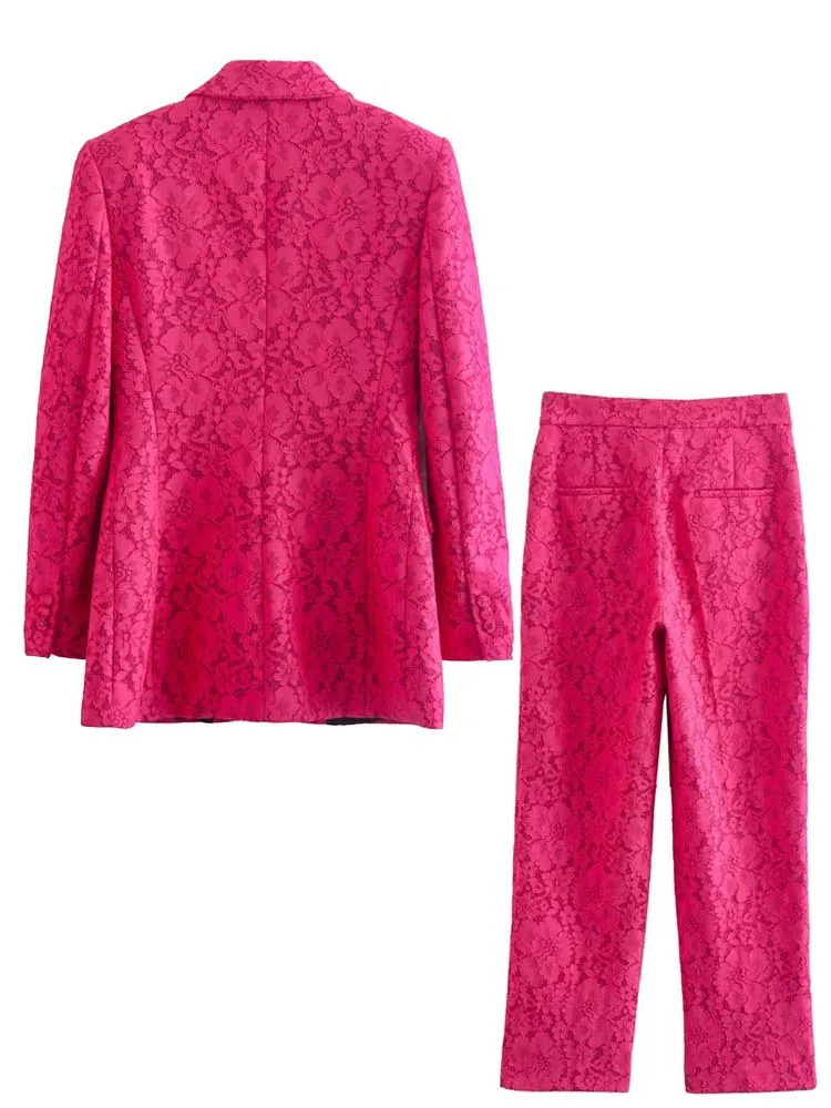 Pink Lace Blazer Set | Elegant Slim 2 Piece Wide Leg Pant Suit For Women ( Collection) B2