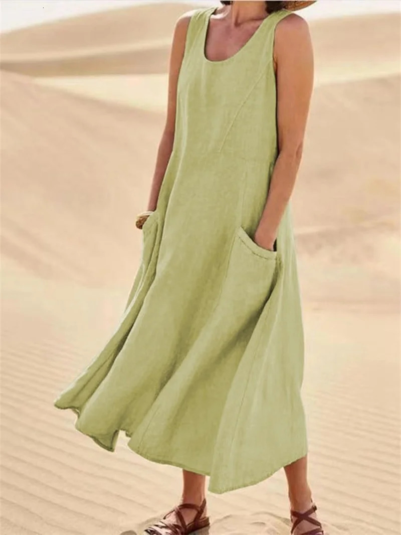 Sleeveless Suspenders Cotton Linen Dress Women Side Double Pocket Splicing Solid Color Dresses Summer Casual Gown 240327
