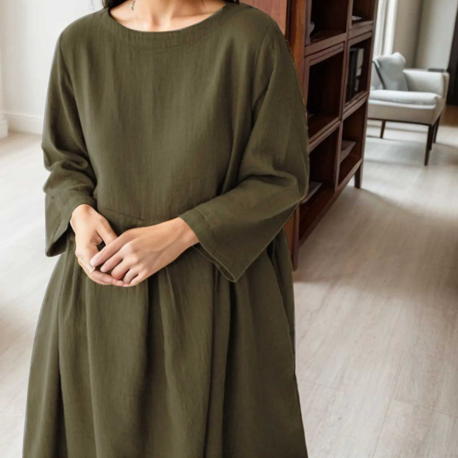 Vestido Vintage Cotton Linen Long Dresses for Women 2023 Autumn Solid Sleeve Boho Maxi Dress Pocket Loose Tunic Shirt 240312