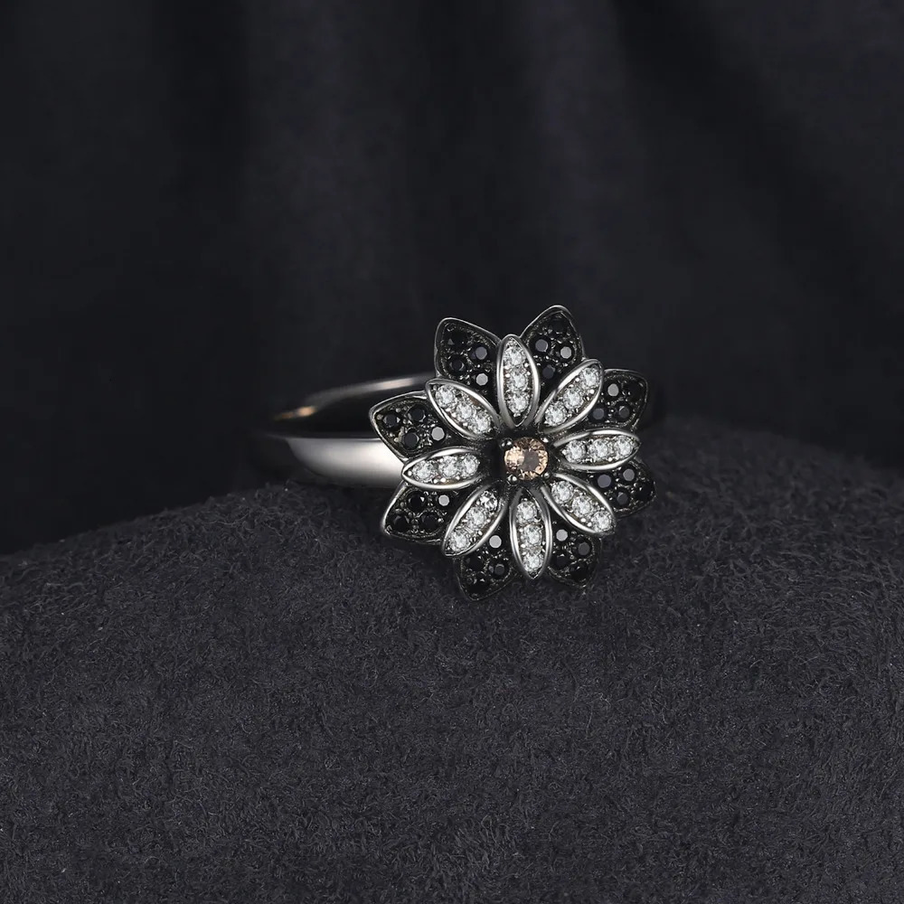 JewelryPalace Flower Genuine Smoky Quartz Black Spinel 925 Sterling Silver Cocktail Ring for Women Fine Jewelry Anniversary Gift 240327
