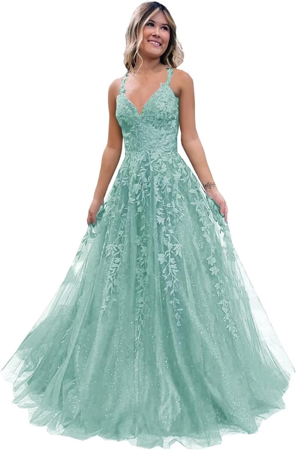 Spaghetti Long Prom Dresses Appliques Deep V-Neck Ball Gown Tulle Plus Size Lace-up Floor-Length Formal Occasion Evening Party Gown Pd06