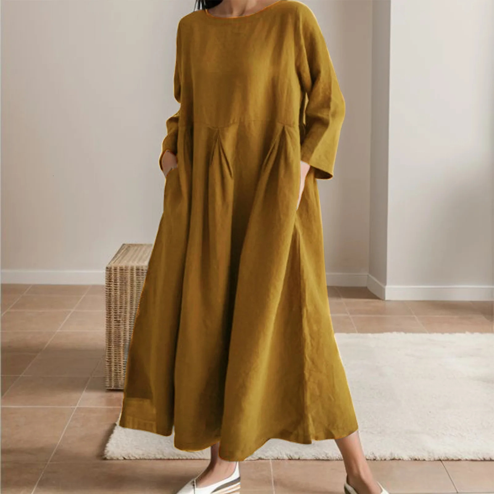 Vestido Vintage Cotton Linen Long Dresses for Women 2023 Autumn Solid Sleeve Boho Maxi Dress Pocket Loose Tunic Shirt 240312