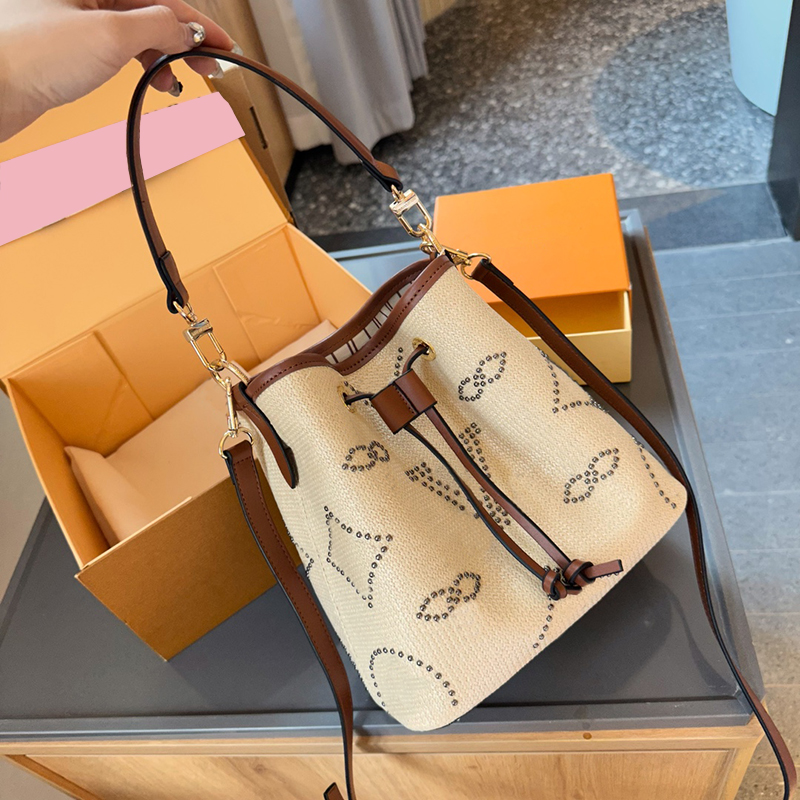 Straw bucket handbags woman holiday beach bag designer crossbody summer shoulder bag totes trend fashion drawstring bags with box
