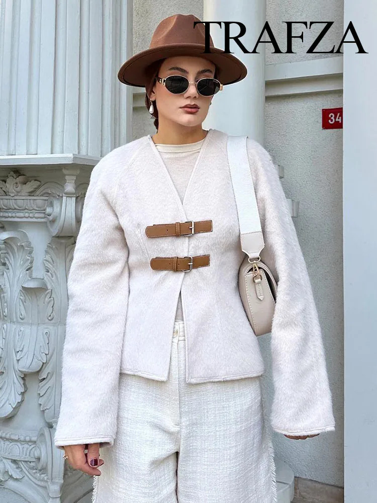 TRAFZA Womens Spring Fashion Sweater Coats Solid VNeck Long Sleeves Belt Decoration Cardigan Female Casual Slim Knitted Tops 240311