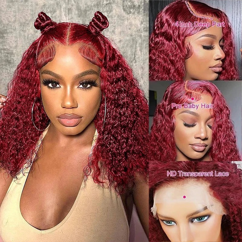 99J Bury Deep Wave Red Water Bob Glueless Human Hair 13X4 HD Transparent Lace Frontal Curly Wigs For Women