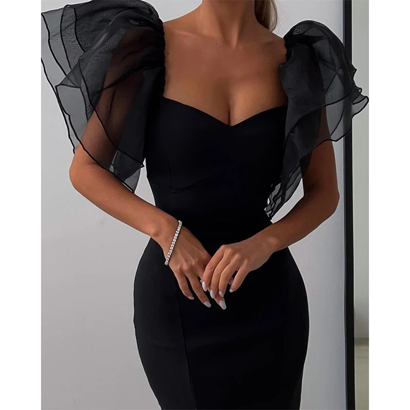 Mesh Butterfly Sleeve Sheath Bodycon Dres Square Neck Midi Robe Femme Solid Black Vestidos Mujer Sexy Lady Party Dresses 240314