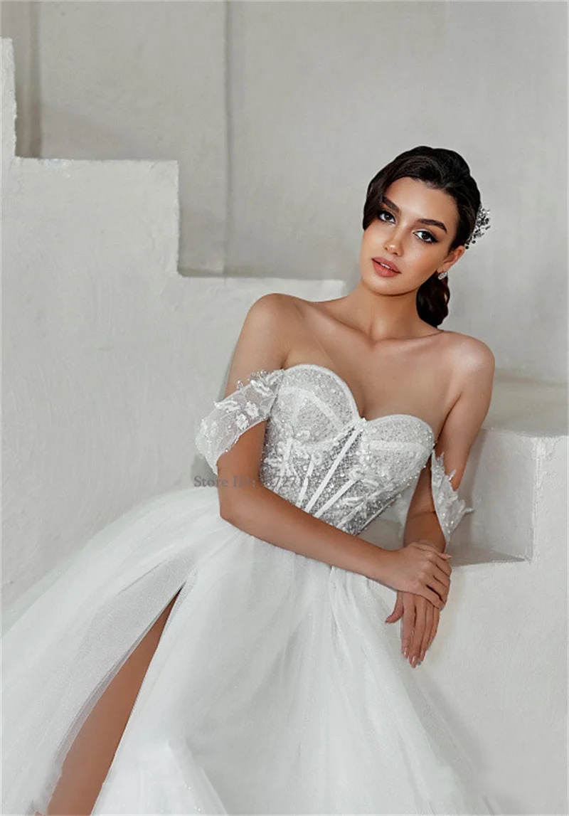 Simple Sweetheart Neck A-Line Wedding Dresses Off the Shoulder Lace Appliques Bridal Gowns Abito Da Sposa Pleat