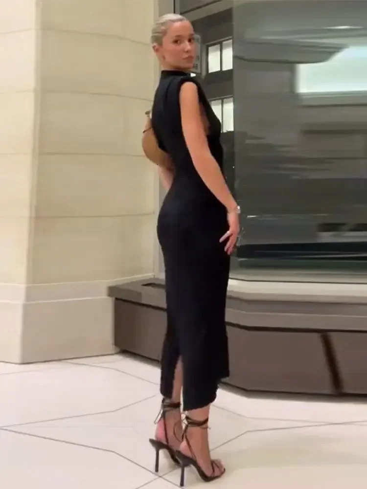 Sexy Black Split Sleeveless Shoulder Pads Bodycon Dress Women Zipper Slim Midi Dresses Elegant Female Party Robe 240327