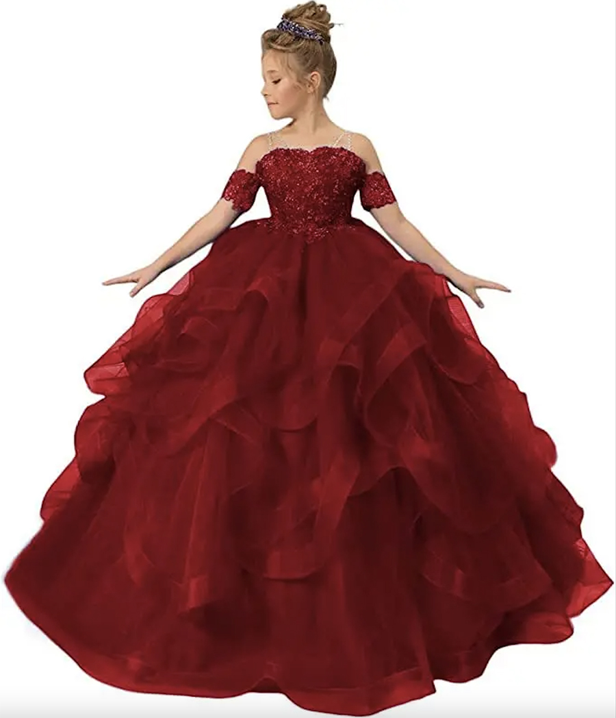 Flower Girl Dress Royal Blue Tulle Puffy Layered Appliques Short Sleeve For Wedding Birthday Party Banquet Princess Gowns