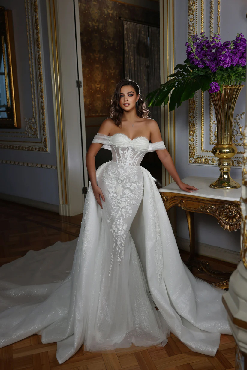 2024 Luxury Off Shoulder Sleeves Sweetheart 2 In 1 Mermaid Wedding Dresses Removable Train Beading Appliques Lace Trumpet Bridal Gowns