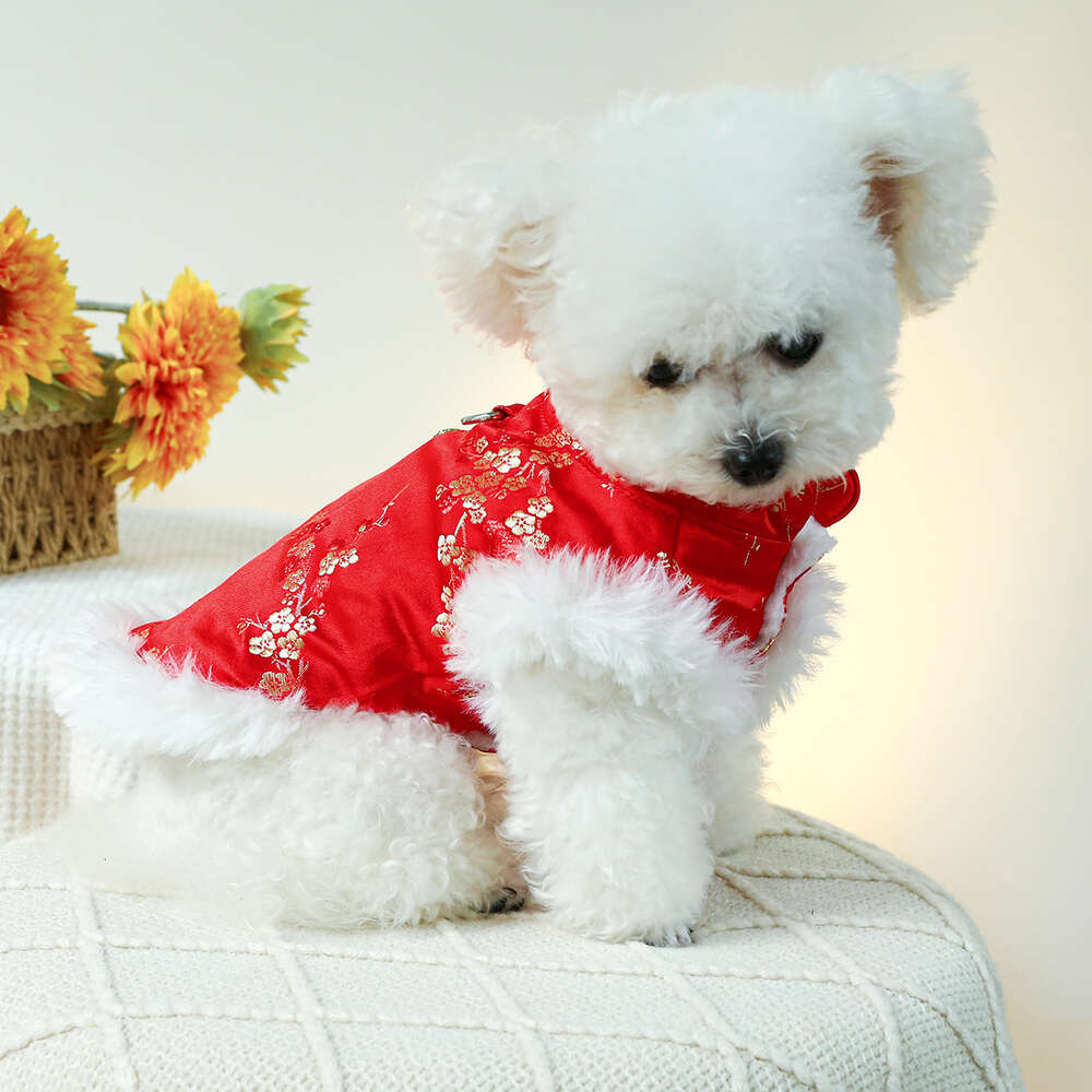 Traditional Dresses for Small Medium Dogs Girl with Lace Bow New Year Eve Princess Clothes Wedding Dress Pets Winter Teddy Party Coat Spring Festival 