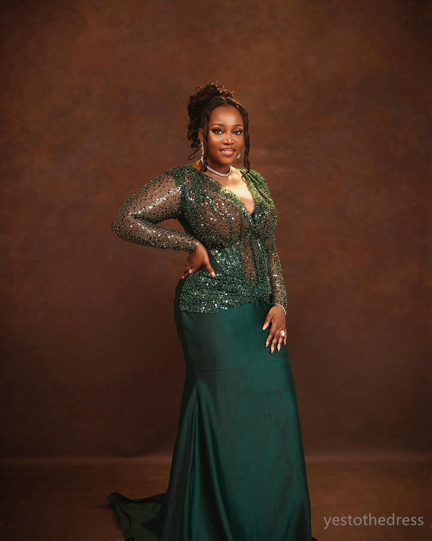 2024 Plus Size Aso Ebi Prom Dresses For Black Women Hunter Green Evening Dresses Elegant Promdress V Neck Long Sleeves Sequined Lace Birthday Dress Fo