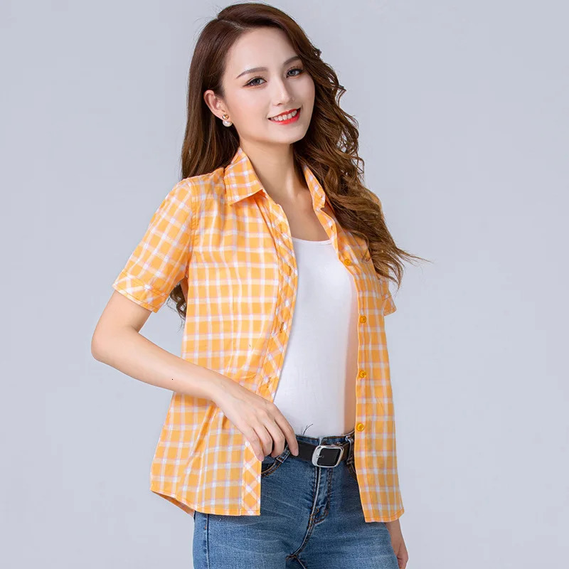 Summer Fashion Plaid Short Sleeve Shirt Women Blouse Casual Cotton Tops Fresh Girl Clothing 240327