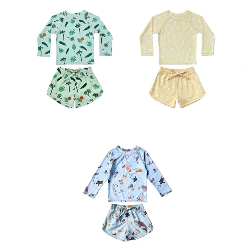 deer jonmi 2024 Summer Baby Boys Swimwear Sets Printed Long Sleeve Tops Shorts 2pcs Sun-proof Beach Vacation Children Swimsuits 240326