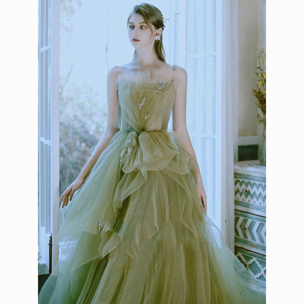 Evening Dress for Women 2024 New Green Forest Style Student Art Exam Graduation Host Dress 220923