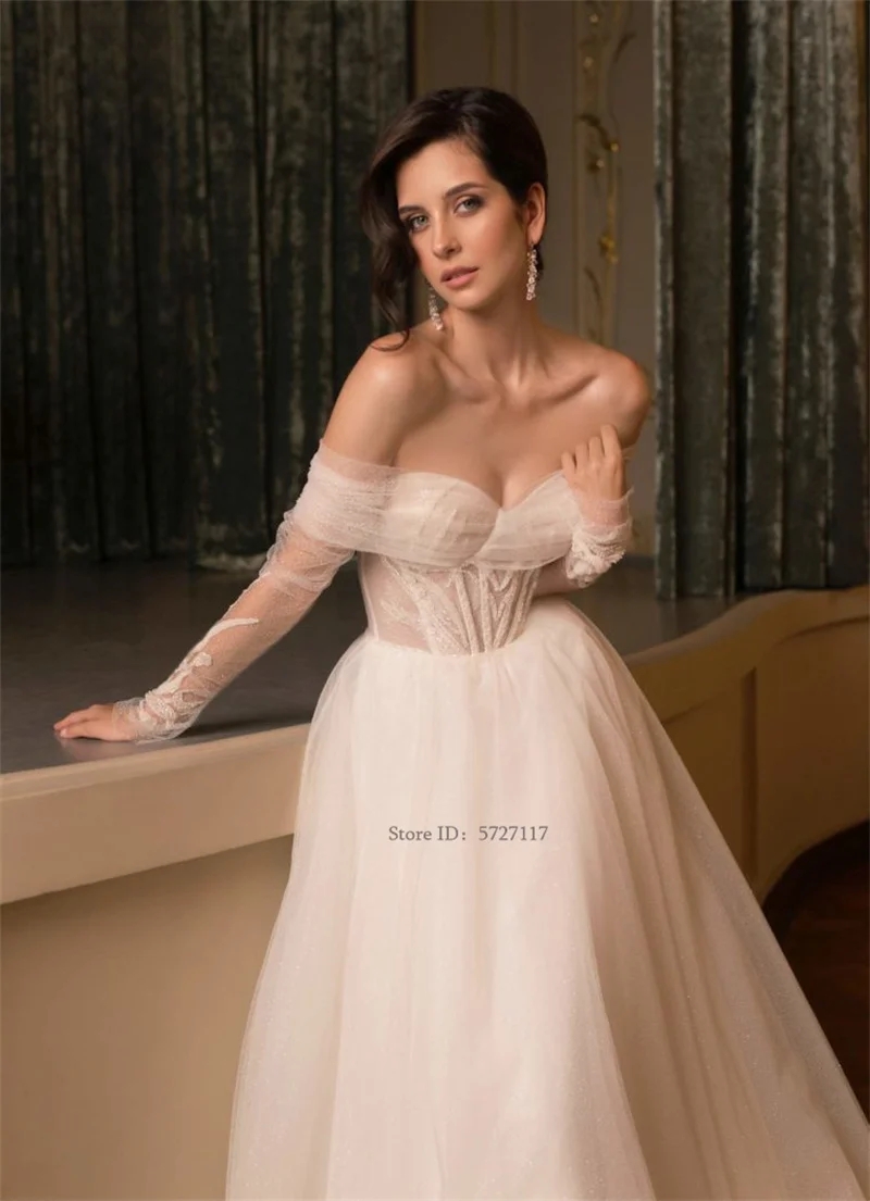 Graceful Sweetheart A-Line Princess Wedding Dress Off-Shoulder Long Sleeves Bridal Gowns Robe De Mariage