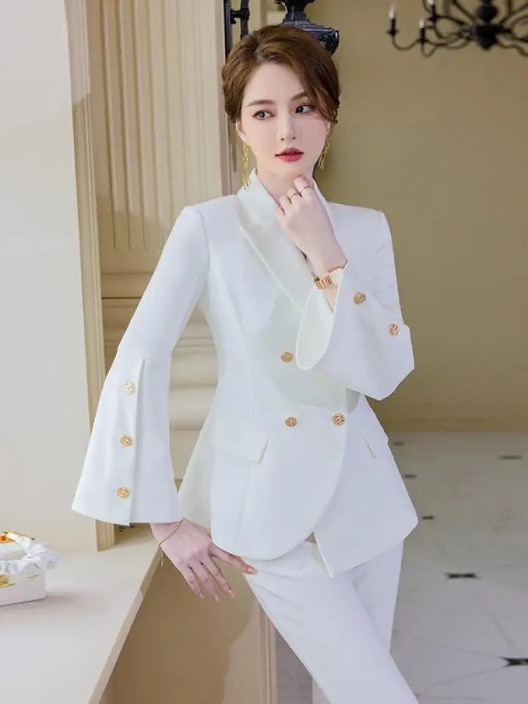 Fashion Ladies Formal High Grade Blazer And Pant Outfits Women Autumn Suit Jacket Trouser Business Work Wear 2 Piece Set Goddess 240327
