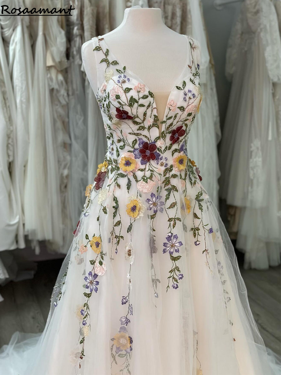 Beautiful Colorful wer Wedding Dress Boho Fairy tale A e 3D rals Rustic Country Bridal Gowns Tulle Whimsical Bride 2024