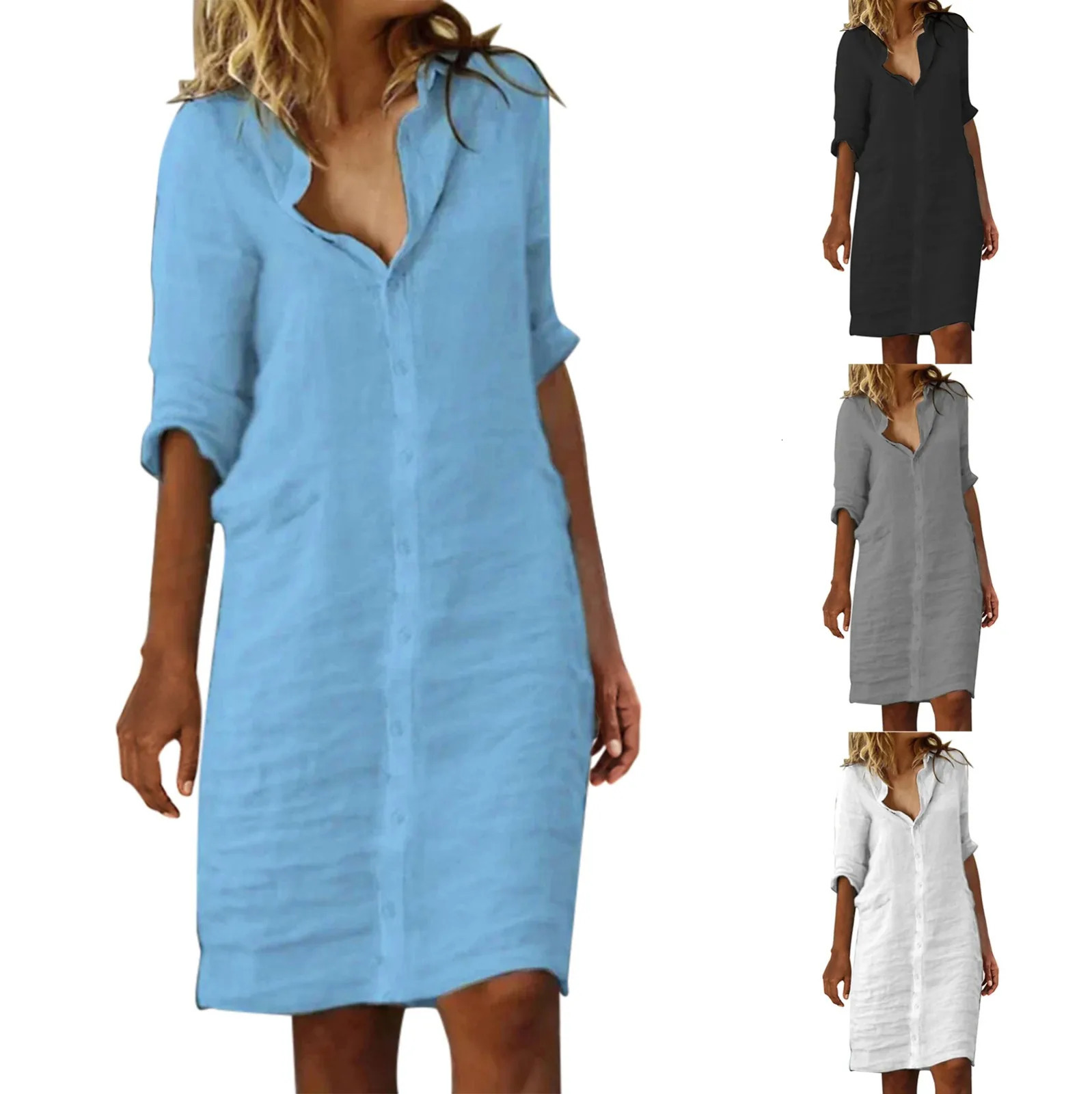 Vintage Cotton Linen Shirt Dresses for Women Summer Half Sleeve Loose Lapel Dress Ladies Casual Holiday Knee Length Robe 240327