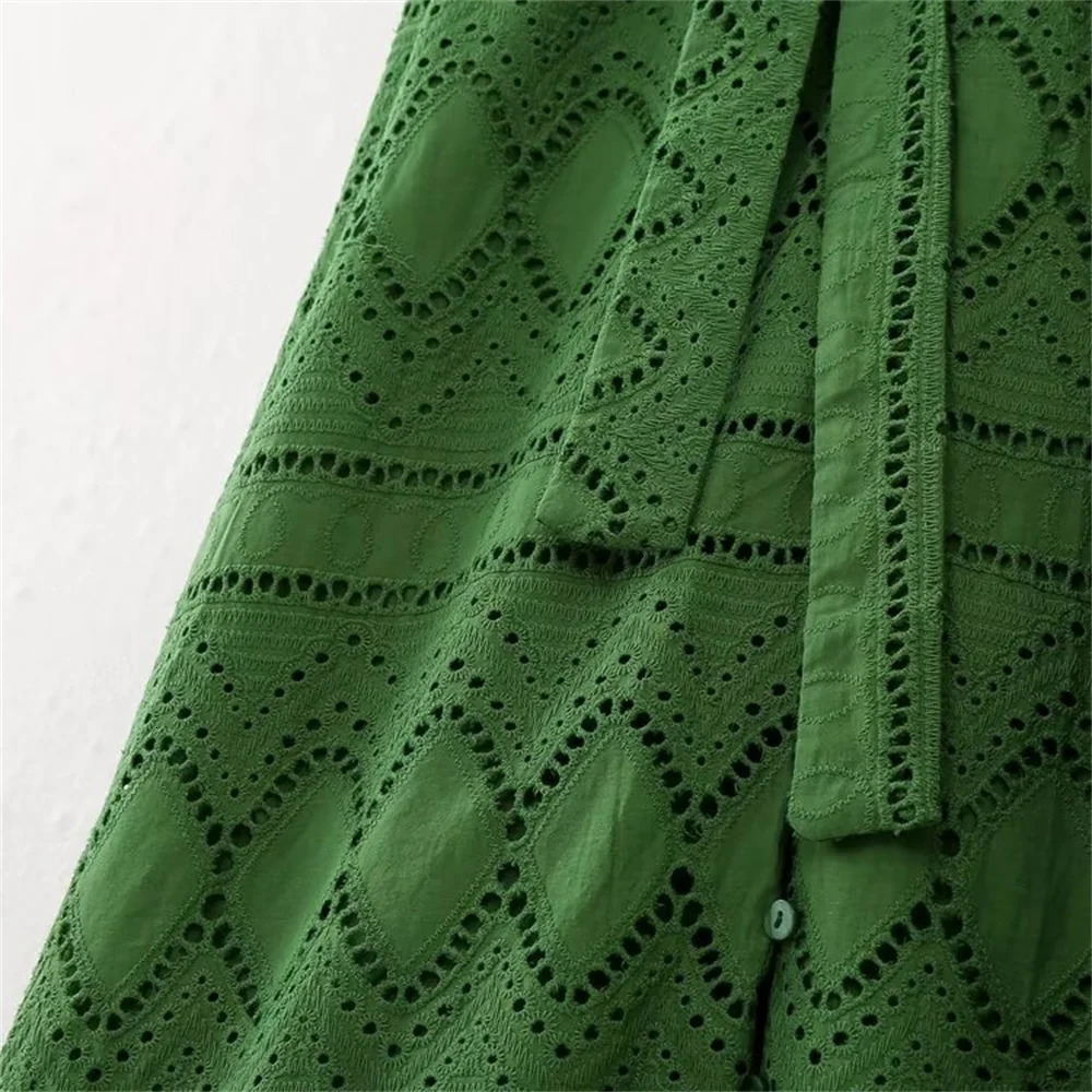 ZAR SpringSummer Selling Womens Waistband Lapel Short Sleeve Hollow out Embroidered Shirt Midi Dress 240327