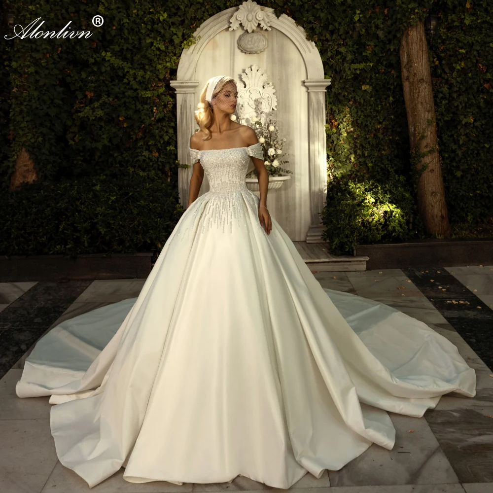 Luxury Satin Boat Neck Ball Gown Wedding Dress Robe De Marriage Off Shoulder Sleeves Beading Pearls Elegance Bridal Skirts