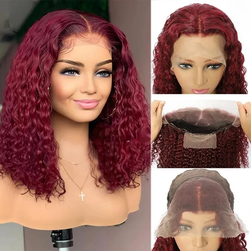 99J Bury Deep Wave Red Water Bob Glueless Human Hair 13X4 HD Transparent Lace Frontal Curly Wigs For Women