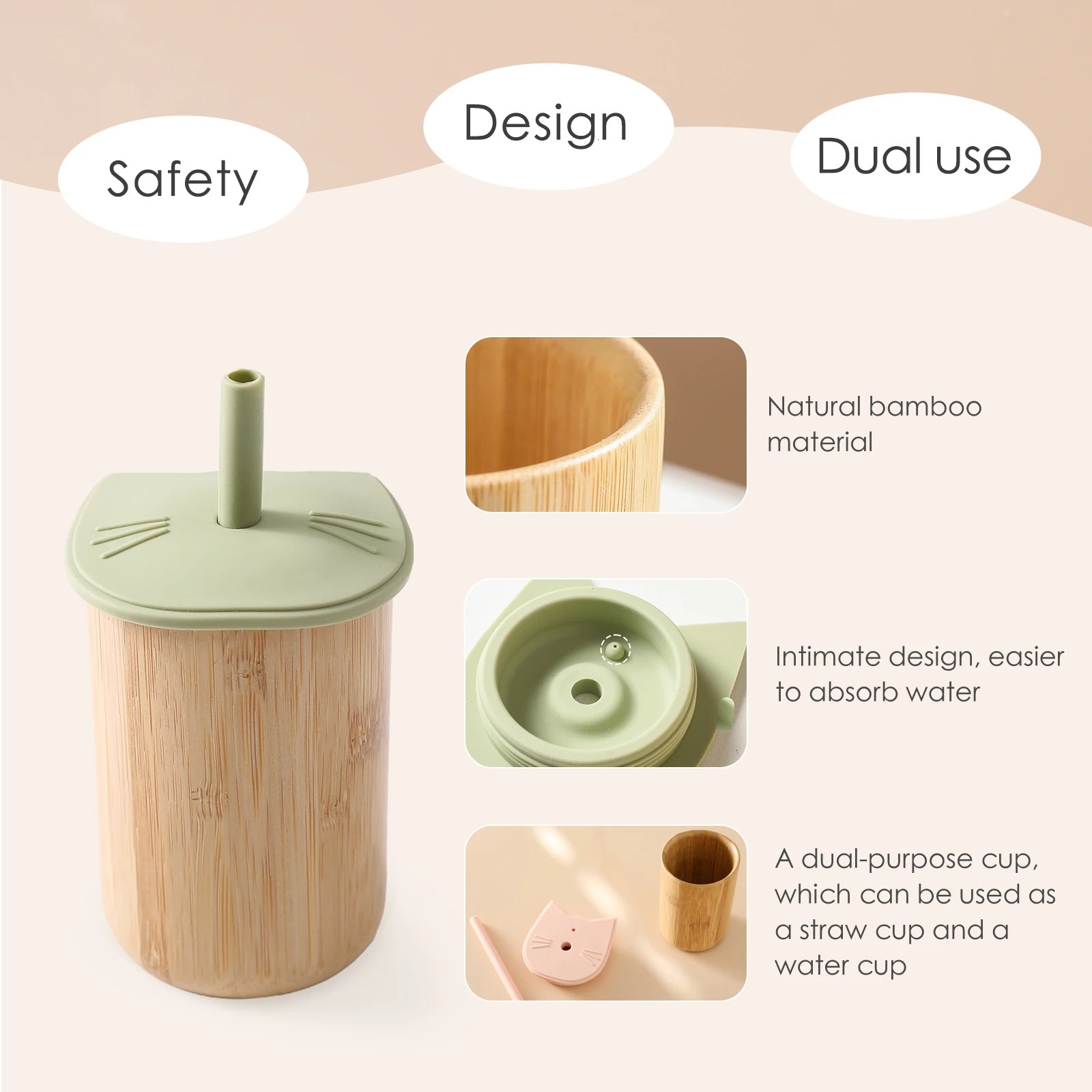 Bopoobo Baby Feeding Cup Silicone Straw BPA Free Detachable Bamboo Wooden Kid Learning Children Soft 240322
