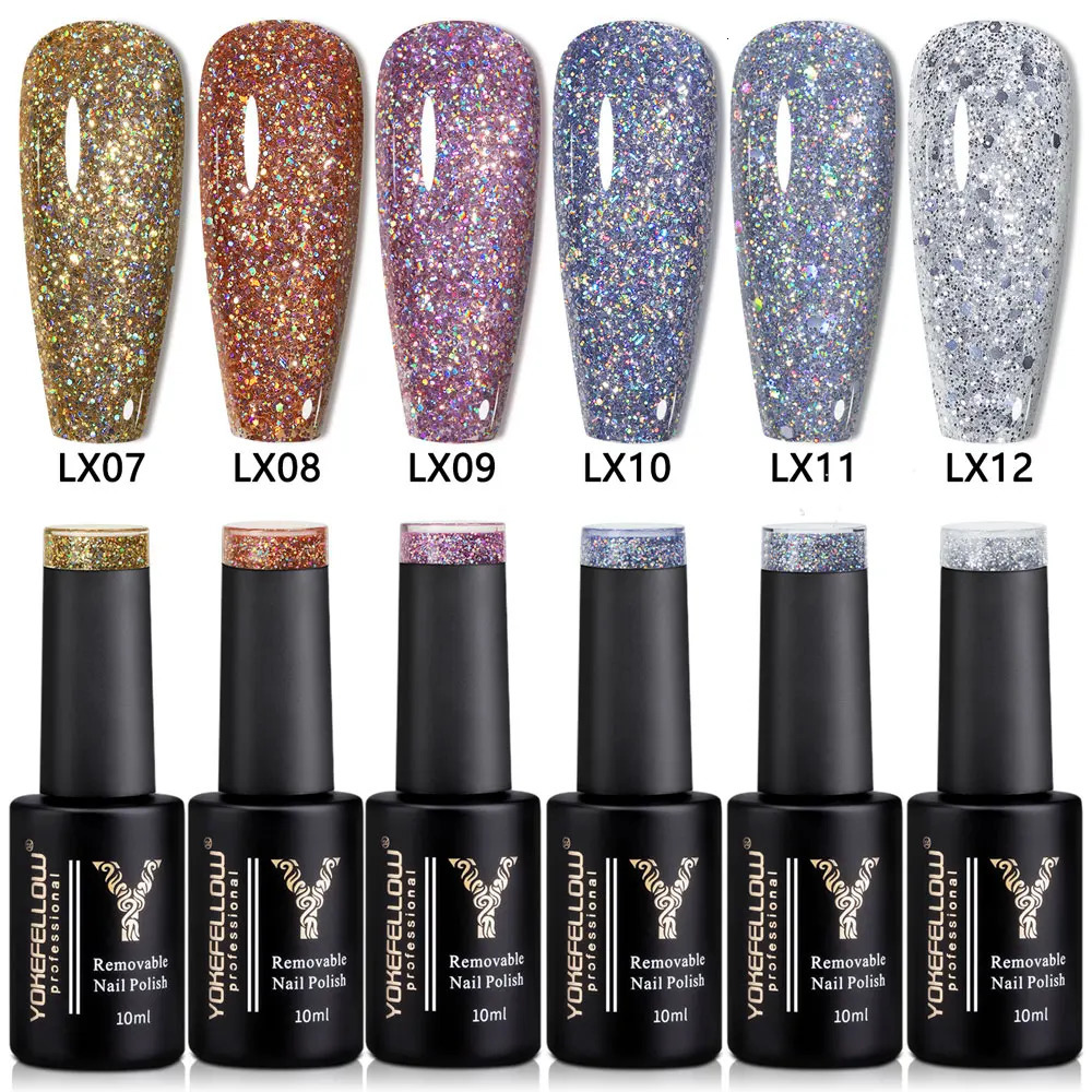 YOKEFELLOW 10ML Glitter Gel Nail Polish Set 6Pcs Silver Gel Polish Kit Soak off Nail Polish Platinum Shining Sequin Manicure Gel 240321