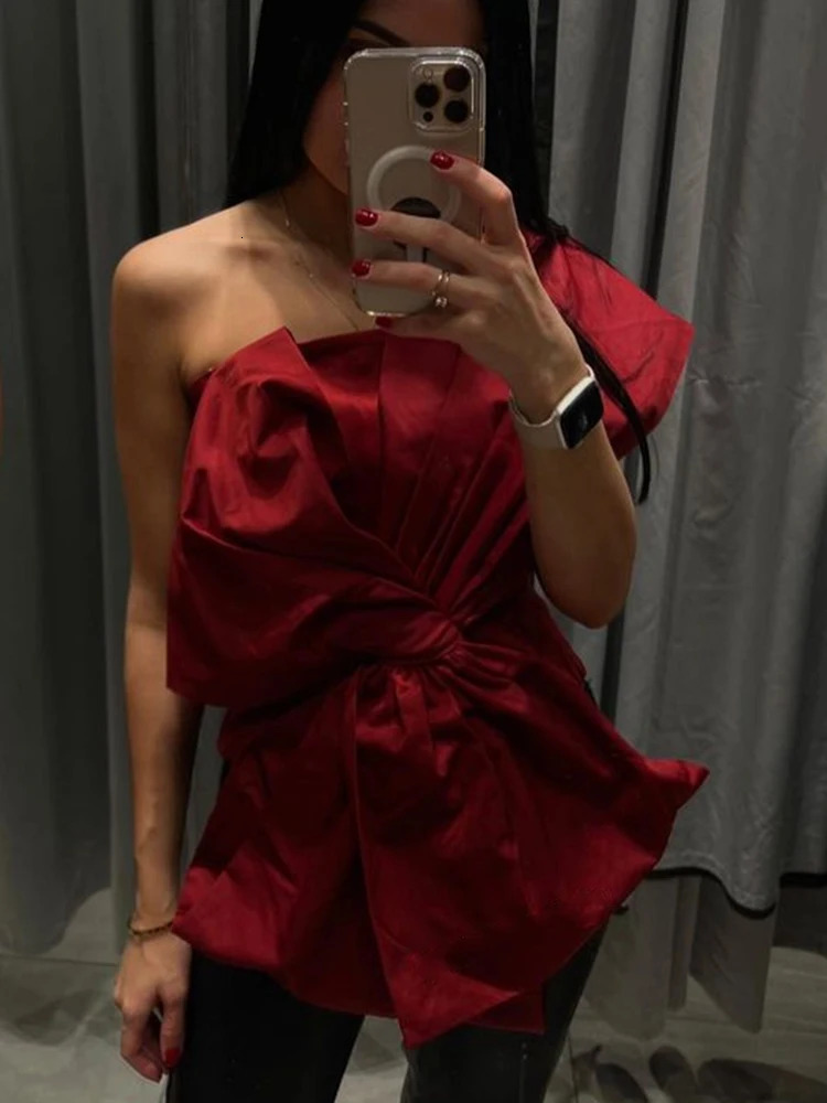 Fashion Red Bow Cropped Top Vest For Women Chic Irregular Backless Sleeveless Lady Tops Female Elegant Sexy Christmas Partywear 240307