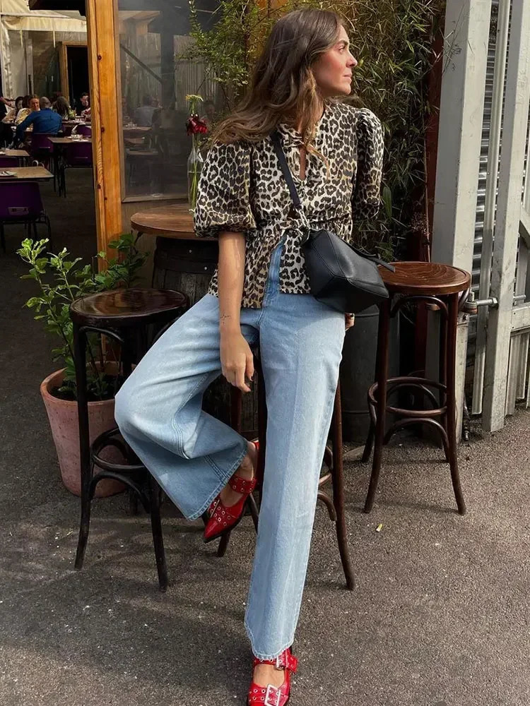 Causal Loose Leopard Print Shirt For Women Fashion Short Puff Sleeve O Neck Tops Spring Female High Streetwear 240328 B3