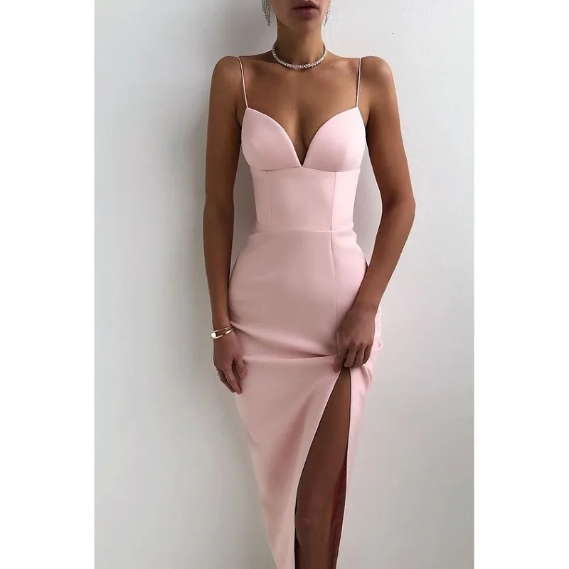 wsevypo Elegant High Slit Midi Bodycon Dress Women Sexy Spaghetti Straps Corset Dress Gown Club Party Vestidos Backless Clothes 240321
