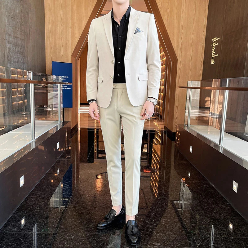 2024 high quality Mens suit trousers High fashion Korean version slim party groom dress twopiece set M4X 240326