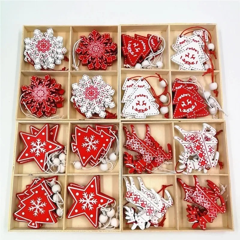 Christmas Tree Set - 2024 Wood Pendant Decorations, 12Pcs Elk Snowflake Stars Xmas Hanging Ornaments for Home Party Festival Holiday Decoration