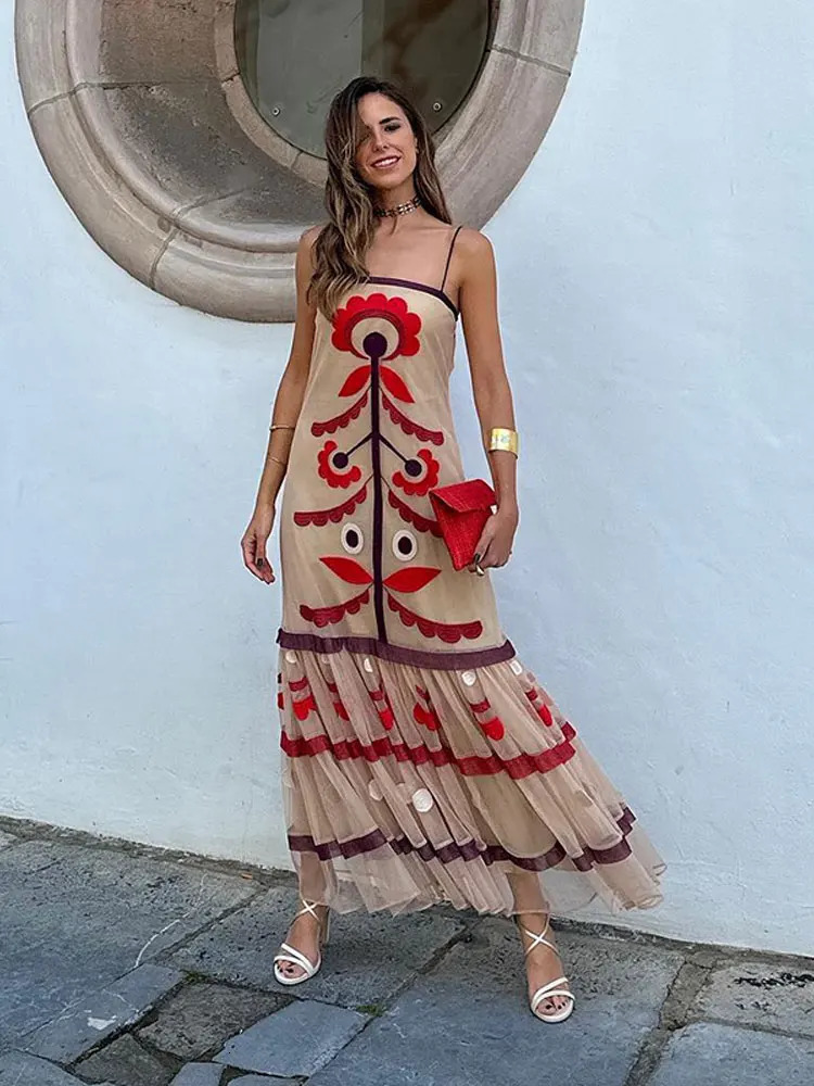 Womens Print Ruffles Spliced Maxi Dress Sexy Off Shoulder Backless Sleeveless Vestidos 2024 Casual Loose Vacation Beach Robe 240315