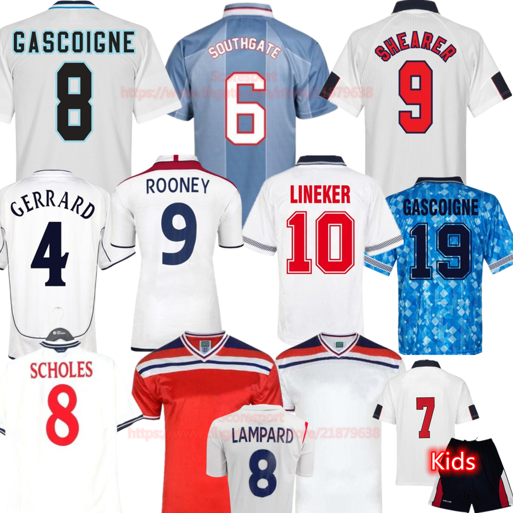 GASCOIGNE SOUTHGATE ENGLANDs Retro Soccer Jerseys 1990 96 Euro SHEARER OWEN 98 Kids Vintage Football shirts ROONEY GERRARD LAMPARD 2000 02 04 06 Classic Football Kit