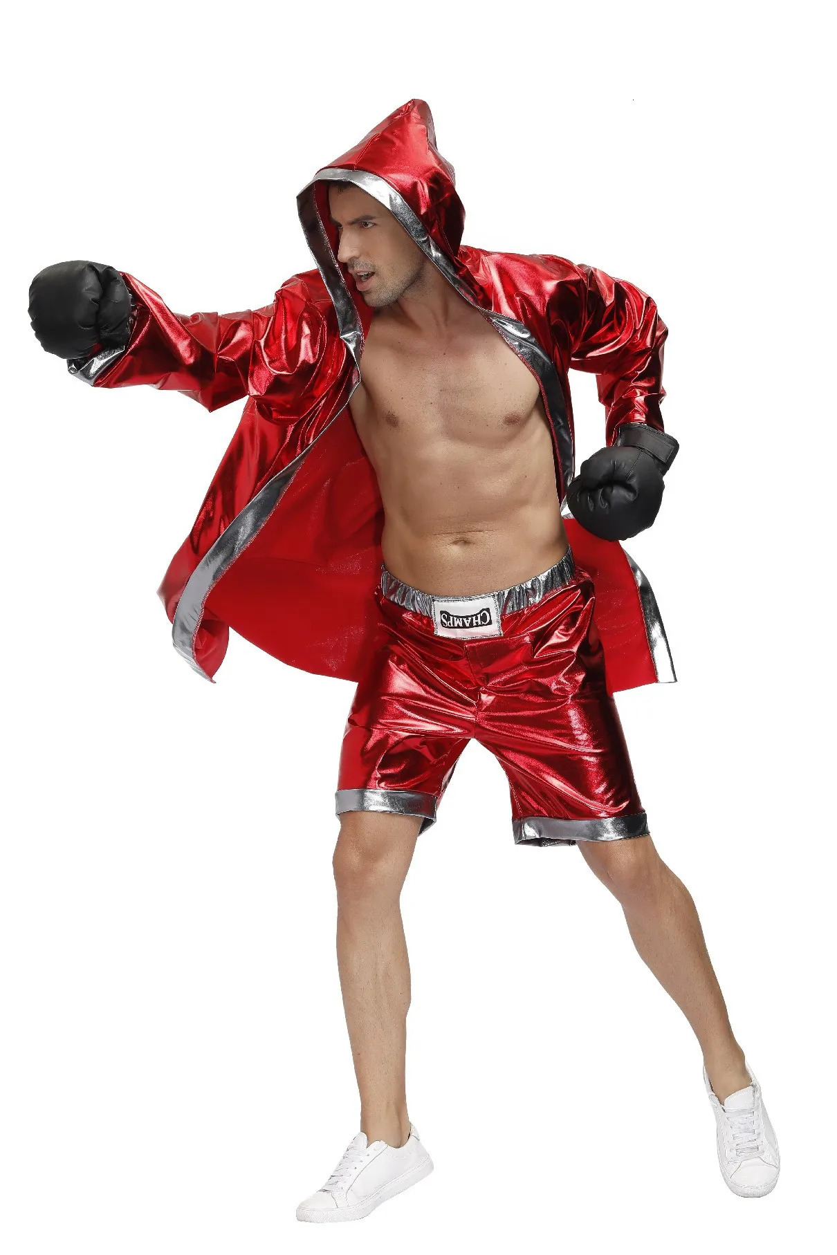 Man And Women Boxer Uniform Red Boxing Champion Cosplay Costume for Couple Sexy Hooded Cloak Robe Shorts Halloween Party Outfit 240319