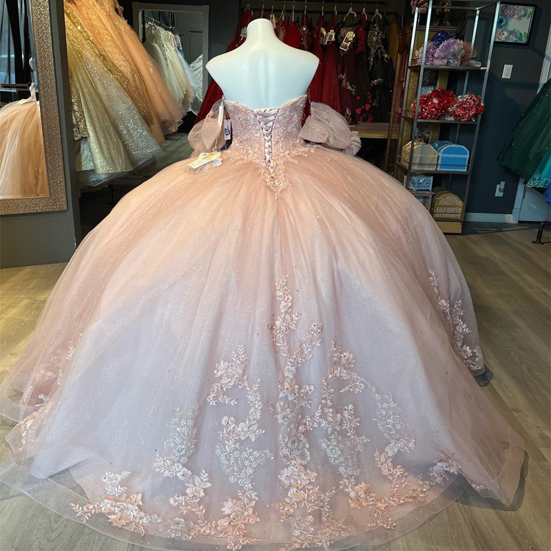 Pink Sweetheart Shiny Ball Gown Quinceanera Dress Appliques Lace Beads Tull Sweet 16 Corset Vestidos De 15 Anos