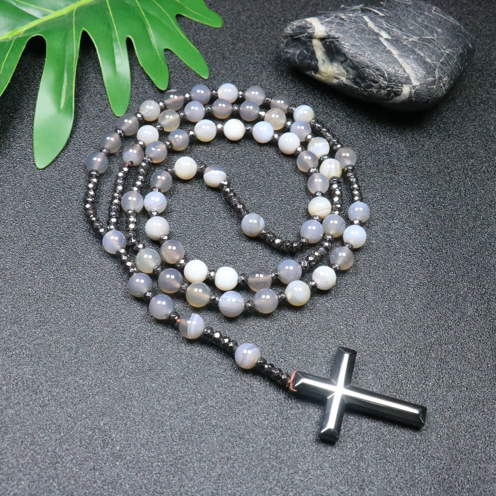 Pendant Necklaces Natural Tiger Eye Beaded Necklace For Women Men Catholic Christ Rosary Hematite Cross Male JewelryPendant
