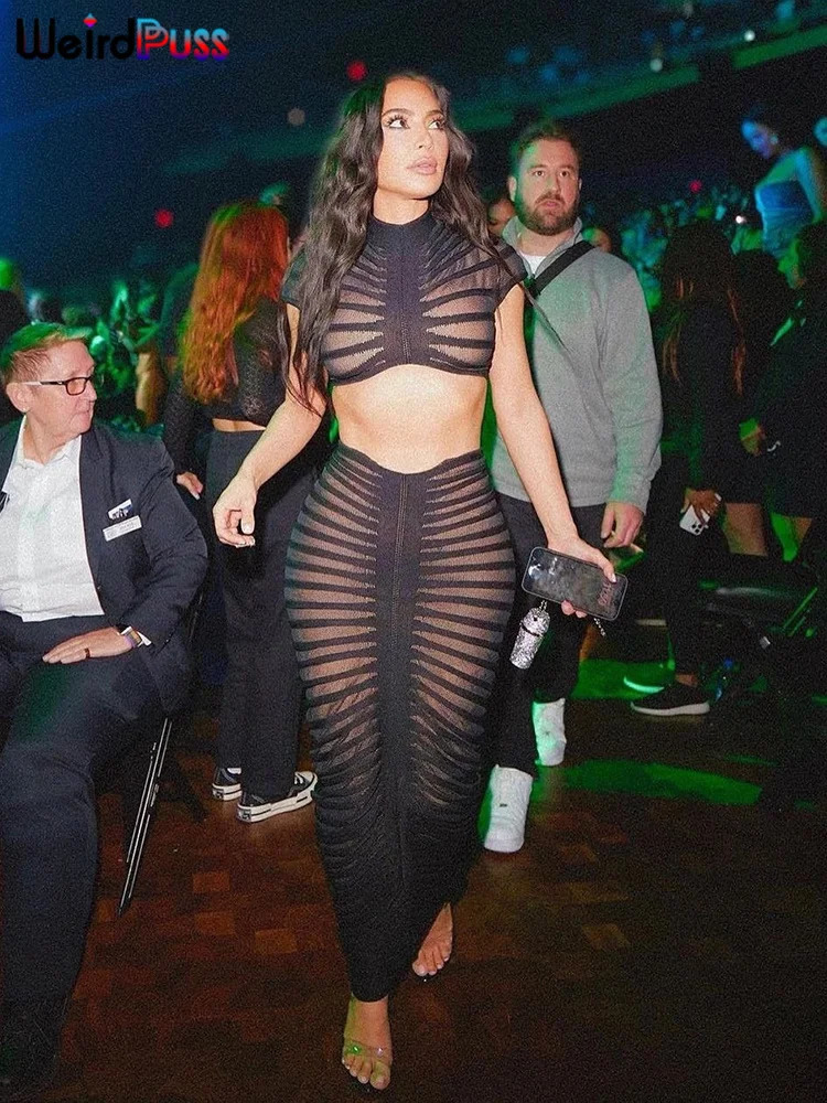 Weird Puss Knit Women Tracksuit 2 Piece Set Striped Stretch See Through Shorts Sleeve Crop TopsMaxi Skirts Matching Streetwear 240318