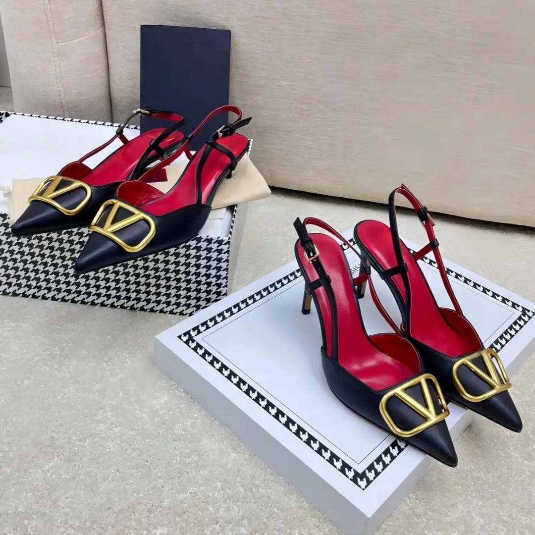Luxury Women Summer VT Sandals Brand Designer High Heels Metal Buckle Shoes Women Slingback Pumps Sexy Pointed Toe Stiletto Evening Shoes 35-44