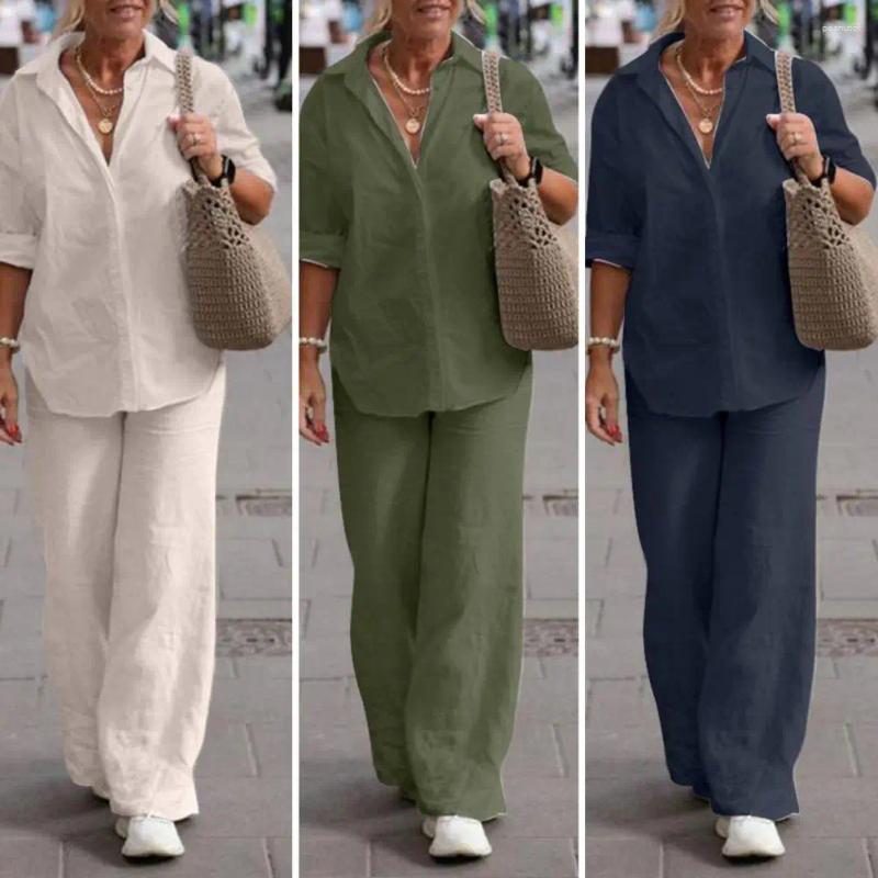 Womens Two Piece Pants 1 Set Trendy Women Summer Suit Two-piece Plus Size Casual Outfit Linen Top Long