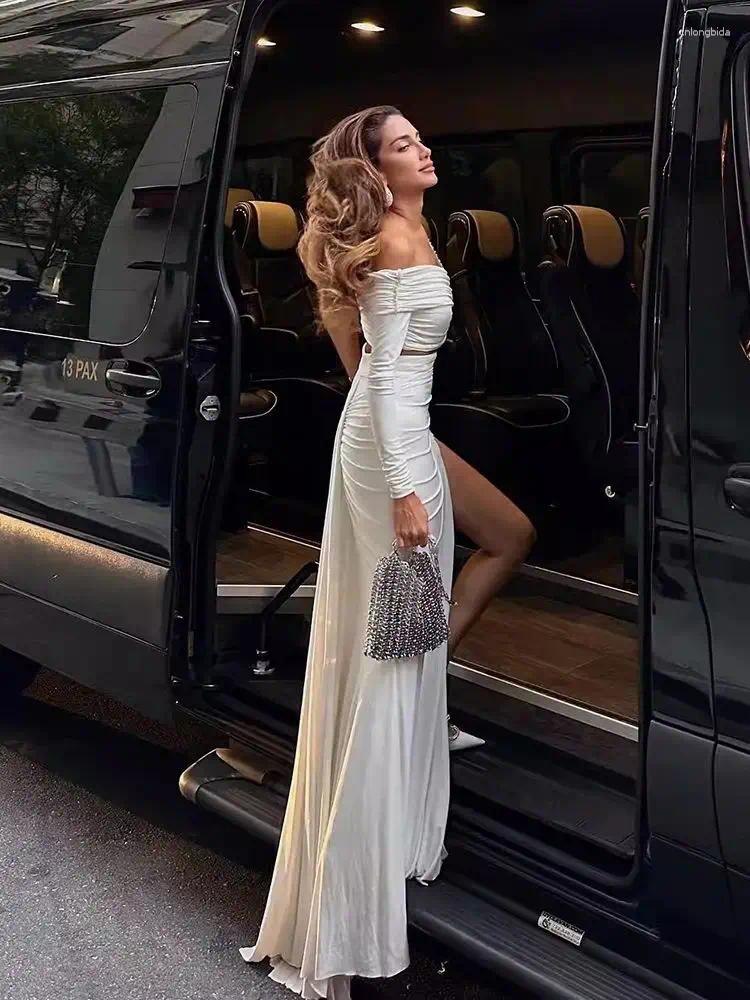 Work Dresses Summer Women Sexy Long Sleeves 2-piece Set One Shoulder Pearl Design Crop Top & Maxi Split Drap Skirt Suit
