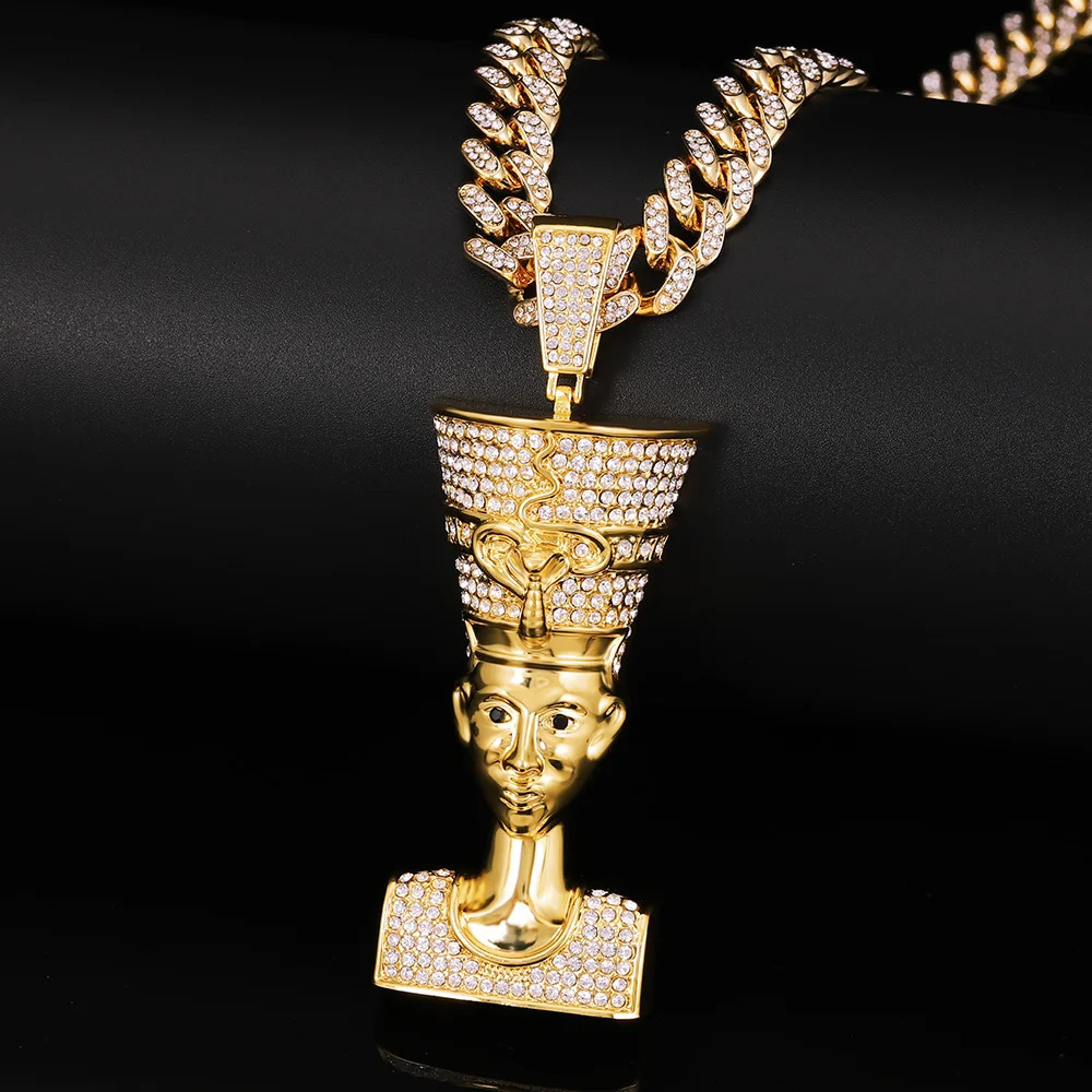 Egyptian Men Necklace Pendant Vintage Gold Color Chain Necklace with cuban chain Iced Out Crystal Gold Hip Hop PunkJewelry 240315
