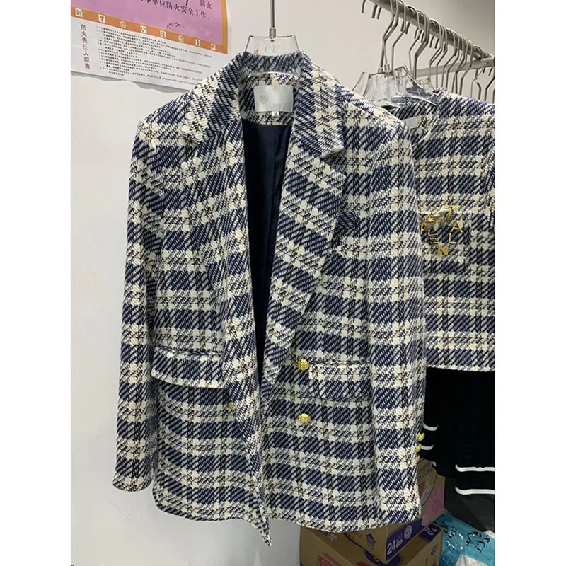 Korean Fashion Plaid Tweed Blazers Women Fall Vintage Double Breasted Quilted Cotton Suit Jacket Elegant Lady Chic Coat 240325