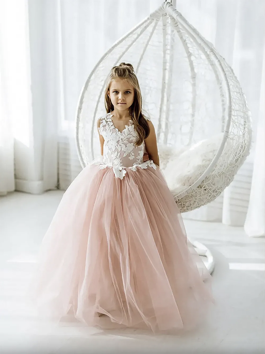Lace Flower Girl Bows Children's First Communion Princess Tulle Ball Gown Wedding Party Dress