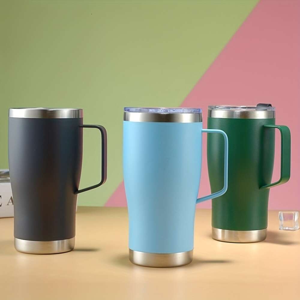Stainless Steel Tumbler with Lid & Handle, 20oz Double Walled Water Bottle for Summer and Winter, Travel Insulated Coffee Mug dh3628137