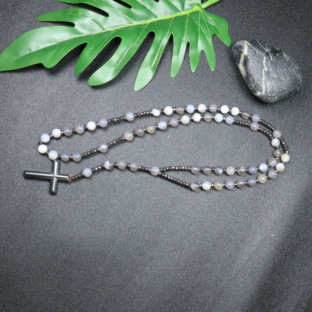 Pendant Necklaces Natural Tiger Eye Beaded Necklace For Women Men Catholic Christ Rosary Hematite Cross Male JewelryPendant